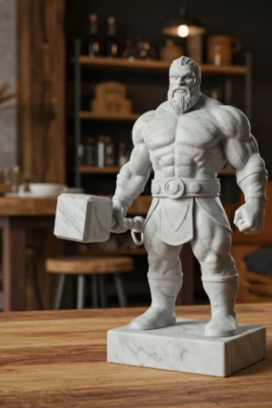 Thor Biblosu v3 - Mermer Görünümlü - İskandinav Mitolojisinin Fırtına ve Güç Figürü - Dekoratif Heykel - Biblo